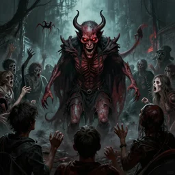 a crowd of people banish a demon, horror art