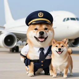 doge is the pilot of a commercial jet. whimsical photo meme. kabosu the shiba - inu.