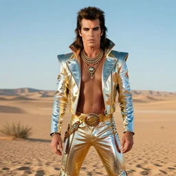 portrait billy idol dressed in 1 9 8 1 space fantasy fashion, new wave, psychedelia, shiny metal, standing in a desert