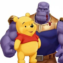 winnie the pooh breaking thanos armor blood leaking from thanos cheek fantasy cartoon highly detailed photorealistic artstation unreal engine dslr photography