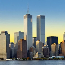 new york city skyline with the twin towers visible, in the style of tatsuro yamashita album art