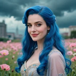 medium close up portrait of woman, vibing, regal dress, soft smile, blue long haired elegant model, female, storm clouds, poppies, in fantasy city, teal and pink color palette, annie liebovitz and roger deakins, detailed c