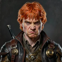portrait painting of a scowling dieselpunk rupert grint as ron weasley, sharp focus, award - winning, trending on artstation, masterpiece, highly detailed, intricate. art by josan gonzales and moebius and deathburger