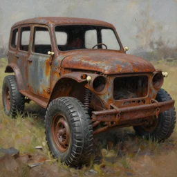 oil painting of rusted, non functional macerated vehicle, bone handles, wrapped by metal noodle tires in horror book jacket illustration baked 6 0 0 f by wayne d barlowe, geof darrow