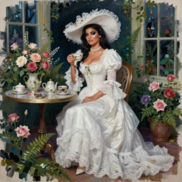 happy very thick paint brush strokes paint texture full body fashion model kylie jenner by Jeremy Lipking by Hasui Kawase by Richard Schmid (((smokey eyes makeup eye shadow fantasy, glow, shimmer as victorian woman in a long white frilly lace dress and a large white hat having tea in a sunroom filled with flowers, roses and lush fern flowers ,intricate, night, highly detailed, dramatic lighting))) , high quality