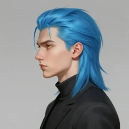 side profile of ilya kuvshinov with sky blue hair, long hair, sharp face, gold hazel eyes, high collar, black jacket, professional digital painting, concept art, award - winning photography, cinematic, stained glass window, wlop, art by pixiv art, yoshitaka amano, junki ito