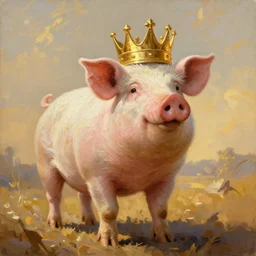an epic painting of a proudly standing pig wearing a gold crown, oil on canvas, golden hour, perfect composition, golden ratio, beautiful detailed, photorealistic, digital painting, artstation, concept art, smooth, sharp focus, illustration, fantasy background, artstation trending, octane render, unreal engine