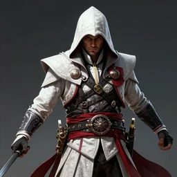 a detailed richard ayoade as ezio from assassin's creed in an action pose with his hood down showing face, background 1 8 0 0's london, digital art, artstation hd, ubisoft concept art, concept art