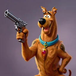 Scooby Doo holding a gun, by norman rockwell,  trending on artstation, highly detailed, 8k, beautiful, dynamic lighting, realistic fur