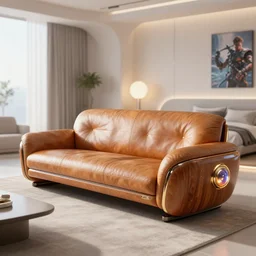 a futuristic leather couch in a clean futuristic bedroom from overwatch and oblivion movie, by wlop by jungyeonmin and james jean jhonseru jsezz artstation and greg rutkowski, with some wood and gold details, biomechanical, lens orbs, global illumination, lounge, architectural, volumetric lighting, granular detail, japandi, hyperrealist, micro details, blender, vray