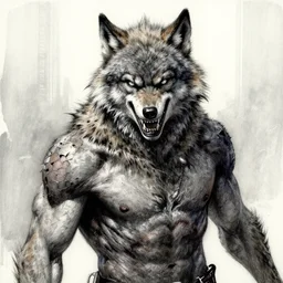 fuzzy furry ears werewolf lycanthrope grinning razorpunk vile reprobate jason statham ripped physique Wolfman Fenrir with tombow jonas de ro greg rutkowski frank frazetta alexandre briclot Dave Dorman watercolor silverpoint