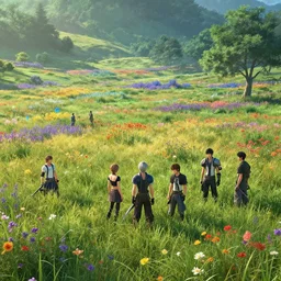 An endless beuatiful and colourful meadow by Greg Rutkowski, Sung Choi, Mitchell Mohrhauser, Maciej Kuciara, Johnson Ting, Maxim Verehin, Peter Konig, final fantasy , 8k photorealistic, cinematic lighting, HD, high details, atmospheric,