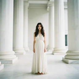 a full body portrait of a young woman wearing an billowing dress, inside a white marble temple with colums, in the style of irakli nadar, soft lighting, film photography