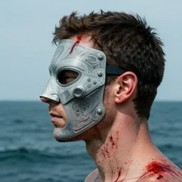 a portrait of a man :: side profile blood :: background sea :: intricate details :: futuristic mask :: 8k :: simon stalenhag and Sandra Chevrier