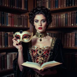 lomography, full body portrait photo of women like reol holding a masquerade party in a library, open books, wearing an ornate and choker by gustav klimt, moody, realistic, dark, skin tinted a warm tone, light blue filter, hdr, rounded eyes, detailed facial features, red gold black