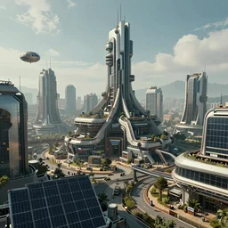 a futuristic solar punk city, cinematic, 50mm, by Noah Bradley