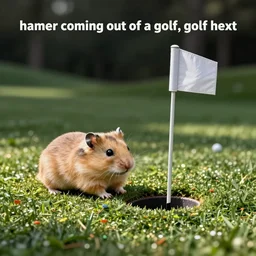 “ hamster coming out of a golf hole, golf flag next to the hole ”