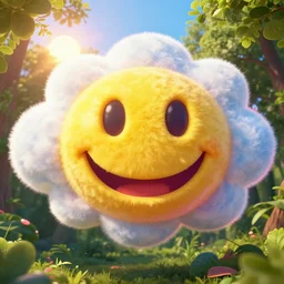 fantastical vibrant smiley face emoji shaped cloud with holes for eyes and mouth, in a nature scene by marc adamus, high definition, sun breaking behind the smiley face, cheerful, rave art
