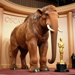 giant very realistic mammooth at the oscars ceremony, stock photo, kodachrome, very low angle