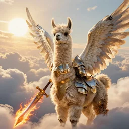 A beautiful fierce llama angel with wings, wearing metal battle armor and a flaming sword, among heavenly sunlit clouds, close-up, intricate, elegant, digital painting, golden hour photo, cinematic, trending on artstation, concept art, smooth, sharp focus, illustration, art by artgerm and Greg Rutkowski and Alphonse Mucha