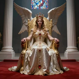 fantasy painting of throne room with red ground and the queen sit with long dress and ritual summun guardian angel gemstone incrusted in crown and white colone like greek temple and Hyperrealistic CGI Photorealistic cinematic volume lighting dark fog ray stained glass