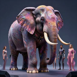war elephant, half robot, lsd - color, by leesha hannigan, wayne haag, reyna rochin, ignacio fernandez rios, mark ryden, iris van herpen, highly detailed, epic, octane render, excellent composition, 8 k, trending on artstation, cinematic lighting, masterpiece, behance contest winner, stunning, gorgeous, much wow