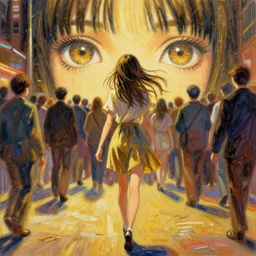 recursive image with a girl walking through a city, crowd behind her, large eyes, her long hair flowing, surreal, oil pastels and gold, in the style of katsuhiro otomo, modeled in poser, redshift render, uhd