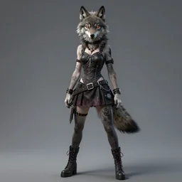 a full body character portrait of a female anthropomorphic wolf dressed punk in the style of gothic art in the style of neoclassical art trending on artstation deviantart pinterest furaffinity hyper detailed photorealistic highlights and shadow hd 8 k post - processing high resolution
