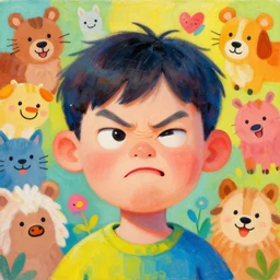 a bright and colorful painting of a funny looking character. the character is making a silly face and the background is filled with happy looking animals.