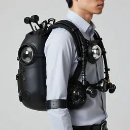 Close upper body shot. Artistically angled subject.  Professional studio portrait lighting. Technological fashion photography. Model wearing business casual attire dress-shirt. Mechanical matte black wearables designed by Ikeuchi Hiroto inspired by SCUBA gear. Hydraulics. Reflective domes. Bulky wearables. Receiver Antennae.