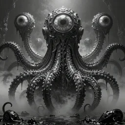 ultra realist 3D render of the world of Lovecraft Elden Ring and Giger, gigantic oily tentacles and eyes, very intricate details, ultra dense fog, golden ratio, volumetric black and white lighting, reflections, refractions, symmetry accurate anatomy features, artstation, octane render