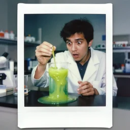 A scared man analyzing a glass filled with green boiling slime in a laboratory, polaroide photo