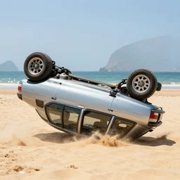 a saab 9 0 0 car upside down on a beach desert island - n 4