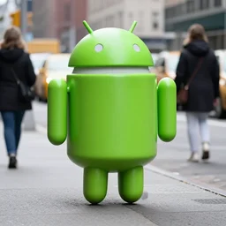 an android walking down a street in New York city.