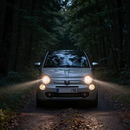 fiat 1 2 4 in the dark forest, night, headlights are on, professional photography