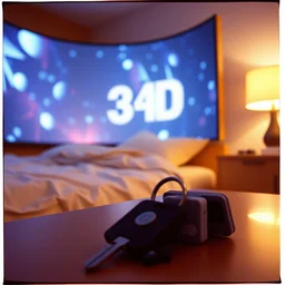 3 d dreams popping out of curved movie screen, volumetric lighting, bedroom, visor, sleeping, pair of keycards on table, bokeh, creterion collection, shot on 7 0 mm, instax