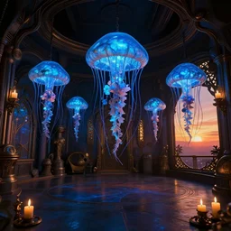 jellyfish museum interior design, bioluminescent deep sapphire labradorite, steampunk artnouveau, candlelight, sunset glow, dark shadows, octane render, volumetric lighting, raytracing, symmetrical wide shot low angle