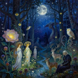painterly dreamy Kupala Night in the blue night forest with trees which have eyes, giant flowers, glowing owls, deers, beautiful women, lianas, thistles, giant fantasy creatures, a stream and sky with moon and stars by Alphonse Mucha, Beksinski, Alex Grey, Aron Wiesenfeld, tranding on artstation and Giger dark fantasy, witcher, very detailed oil painting in the alla prima style, volumetric lighting, masterpiece, 8k