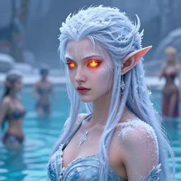 beautiful ancient frost elf, fire in eye, snow glow, pool party, highly detailed, digital painting, artstation, sharp focus, illustration, art by tan zi and ayanamikodon and alphonse mucha and wlop