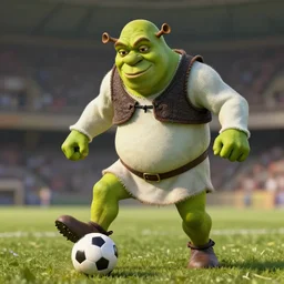 shrek playing soccer, highly detailed, extremely high quality, hd, 4 k, 8 k, canon 3 0 0 mm, professional photographer, 4 0 mp, lifelike, top - rated, award winning, realistic, detailed lighting, detailed shadows, sharp, no blur, edited, corrected, trending