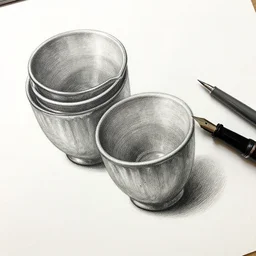 2 cups drawn with fountain pen , beautiful composition , extremely detailed