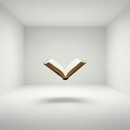a small open book floating in the middle of a large white room with no objects, xyz perspective, misterious, still from movie by stanley kubrick