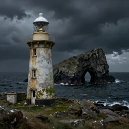 standalone lighthouse in england 1 9 century, half - ruined, covered by mold, staying in 2 kilometers far from a coast, opposite the dark cave - crack of giant rocks, deep ones is living under this, view from sea, and view from the coast, fantasy digital art, storm, night, black sea, by greg rutkowski