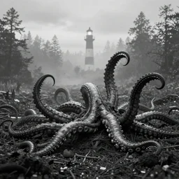 black and white, cinematic, tentacles emerging from ground, hazy, distant forest, ultra detailed, returnal, extra teeth, lighthouse in distance, biome