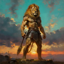 muscular lion as barbarian hunter wearing chest armor , full body human legs , backlight  body , extreme very textured detailed panoramic portrait oil painting by rembrandt, sunset, dramatic clouds and cyan atmosphere