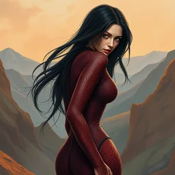 goddess with long black hair in burgundy python skin bodysuit at sun hills biome. highly detailed, digital painting, watercolor, soviet realism, engraving, artstation, concept art, smooth, sharp focus, vivid grunge, manga, illustration, unreal engine 5, 8 k, art by bilibin and kilian eng and kuvshinov and malevich and mucha
