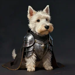 westie dog wearing medieval suit of armor, illustration, concept art, art by wlop, dark, moody, dramatic