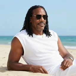 Steve Harvey with long hair and sunglasses chilling on the beach