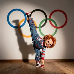 screaming chucky doll performing floor gymnastics at olympics