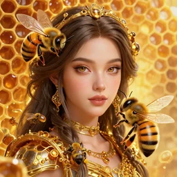 a ( girl as personification of honey bees ), beauty portrait, fantasy honeycomb, digital art by krenz cushart, laurie greasly, wlop, artgerm, intricate, highly detailed, sharp focus, smooth, epic composition, joyful, unreal engine